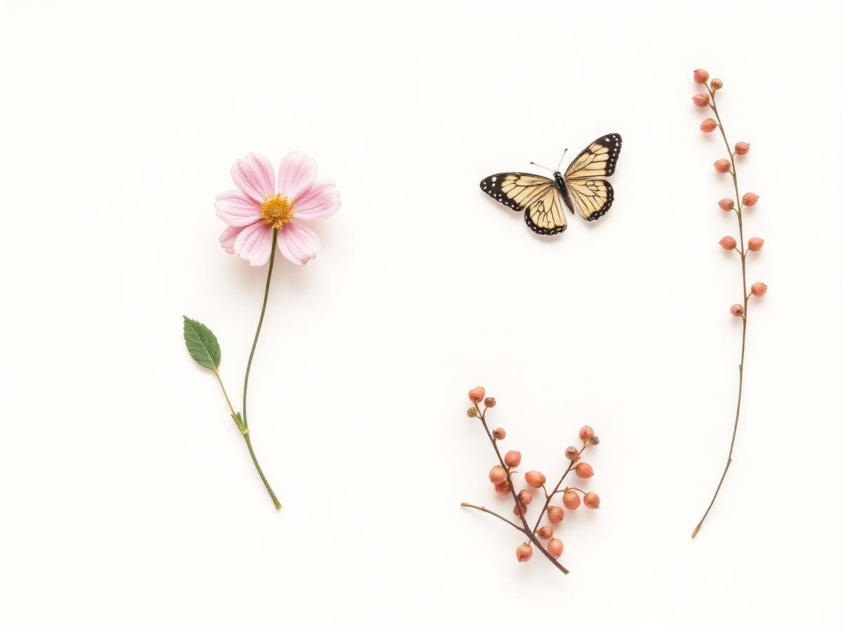 A botanical bouquet separated into individual flowers, leaves and decorative elements