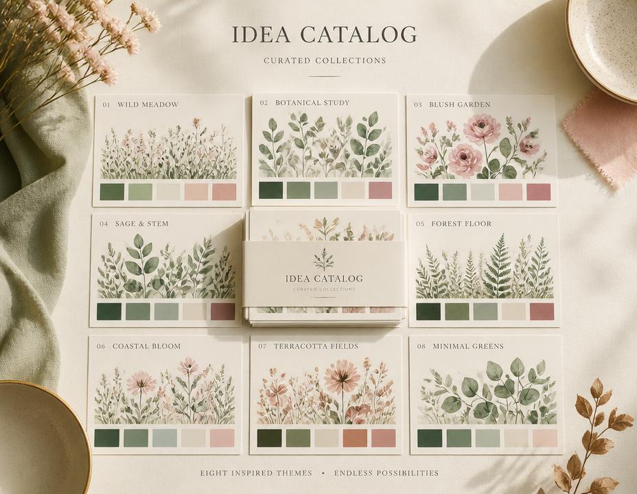 Printed catalogue of botanical collection ideas with small colour palettes
