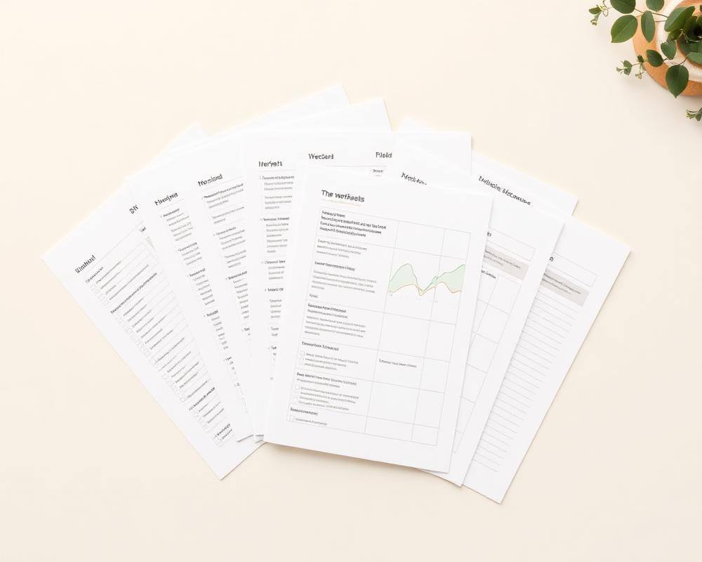 Printed Quick Start Kit worksheets fanned out on a cream desk