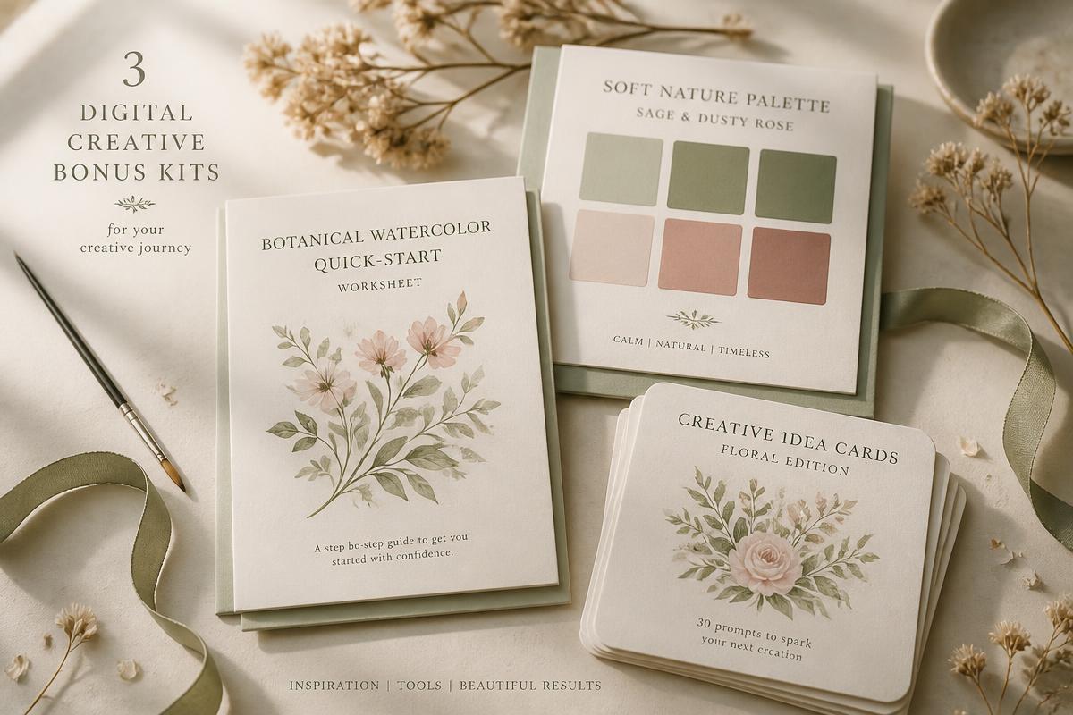 Three practical bonus kits: Quick Start worksheet, color palette board, and creative idea cards