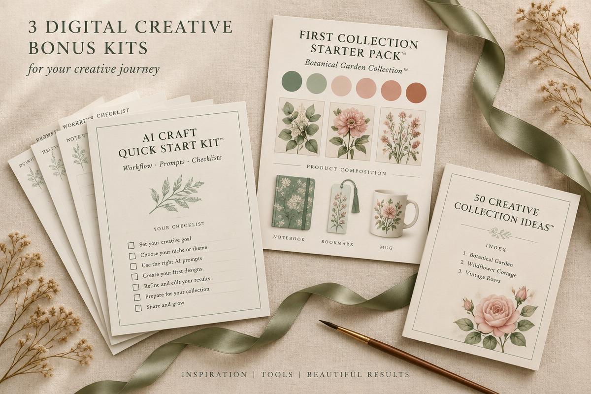 Three bonus kits: AI Craft Quick Start Kit worksheets, First Collection Starter Pack board, and 50 Creative Collection Ideas catalogue