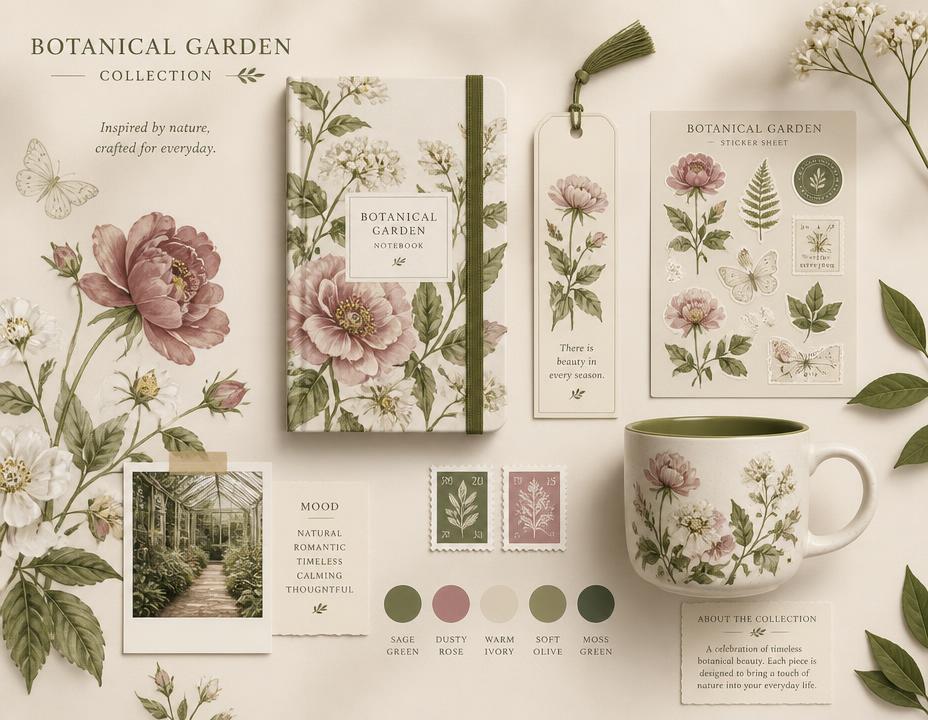 Botanical Garden collection board with palette swatches and artwork thumbnails