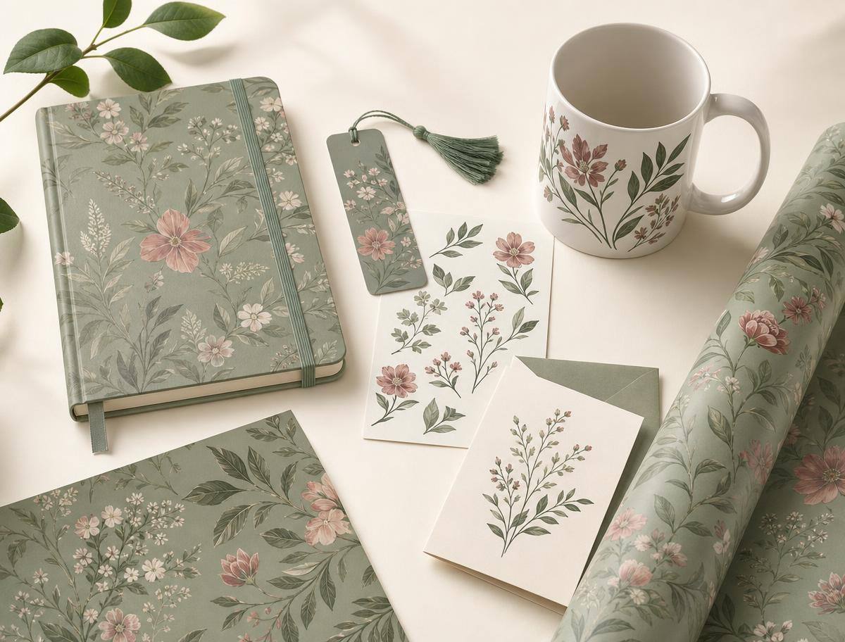 Coordinated botanical notebook, bookmark, sticker sheet, mug and greeting card