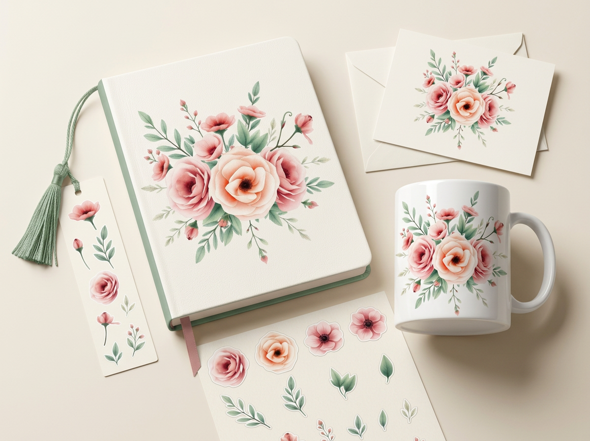 Notebook, mug, bookmark, sticker sheet and greeting card using the same botanical elements