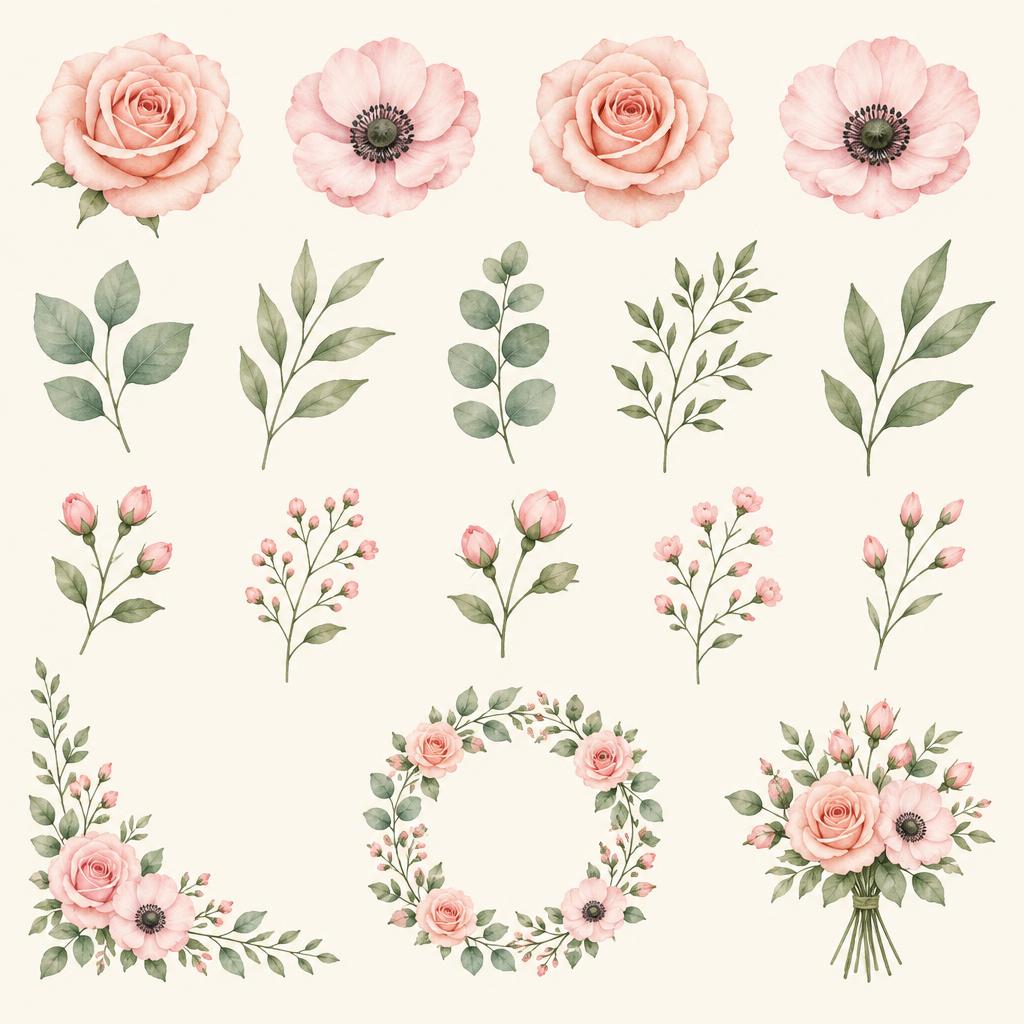 Flowers, buds and leaves from the original illustration separated into individual elements